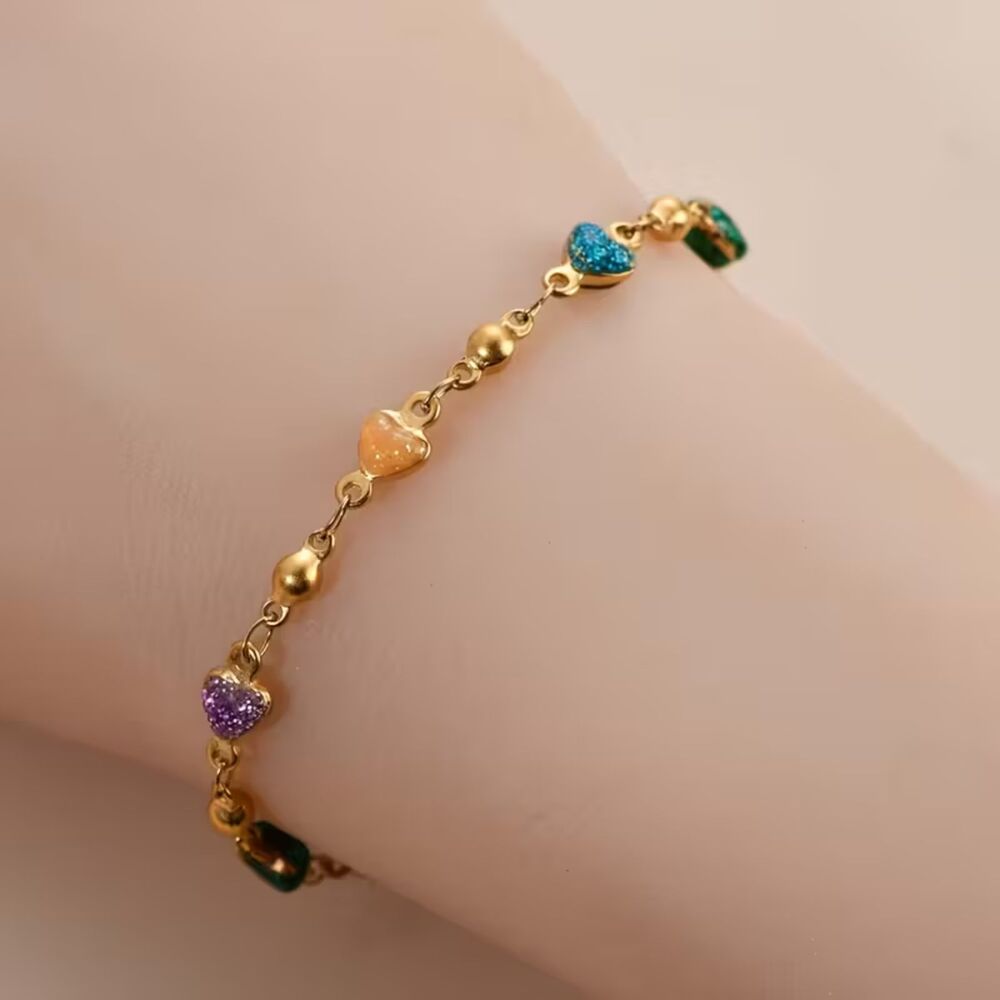 Gold Plated Stainless Multi Color Heart Beaded Bracelet Gemstone Pendant Chain